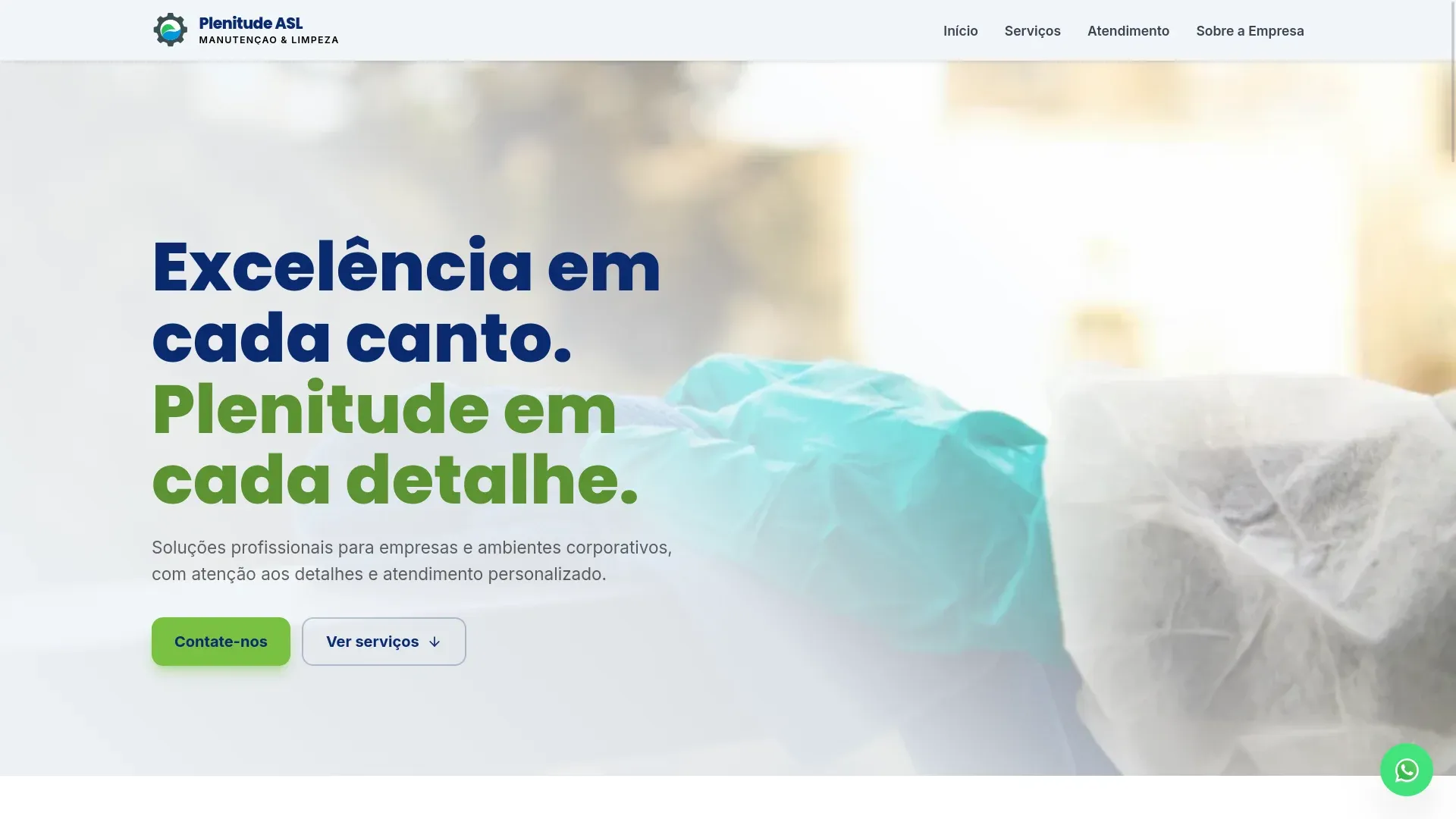 Página inicial do site Plenitude ASL com o título “Excelência em cada canto” sobre uma foto de limpeza.