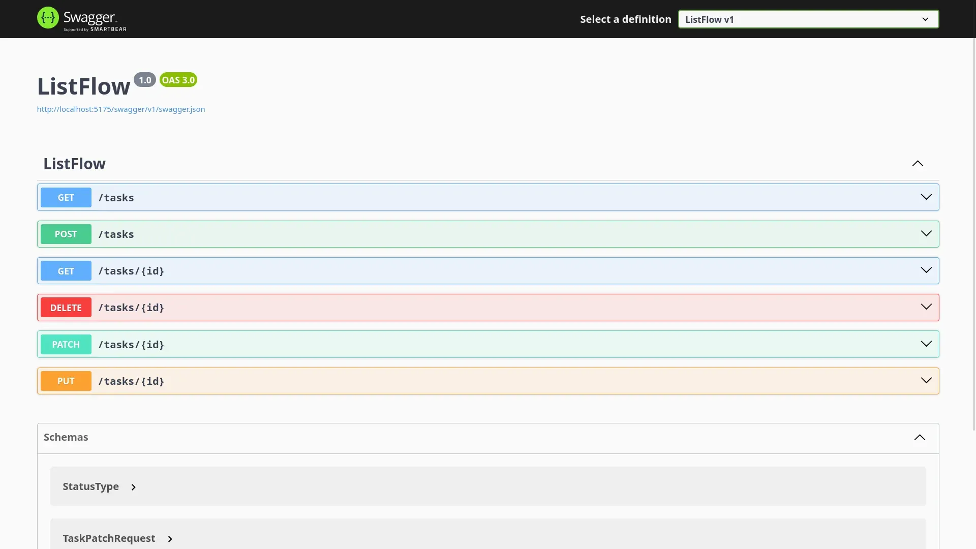 Documentação Swagger do ListFlow com as rotas de tarefas