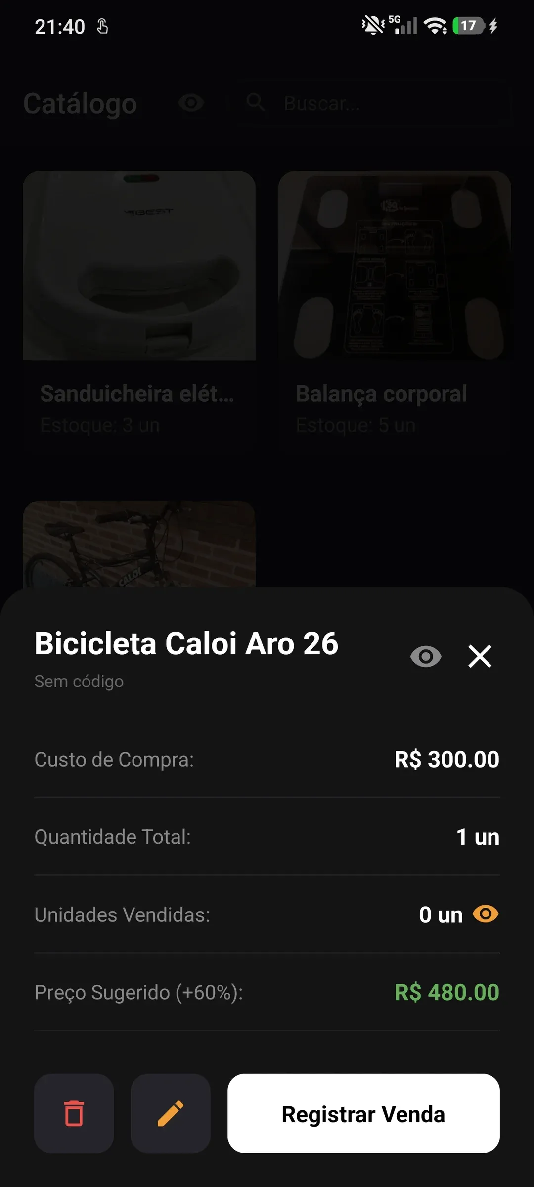 Modal de produto do StockApp com custo de compra, quantidade total, unidades vendidas, preço sugerido e botão Registrar Venda.
