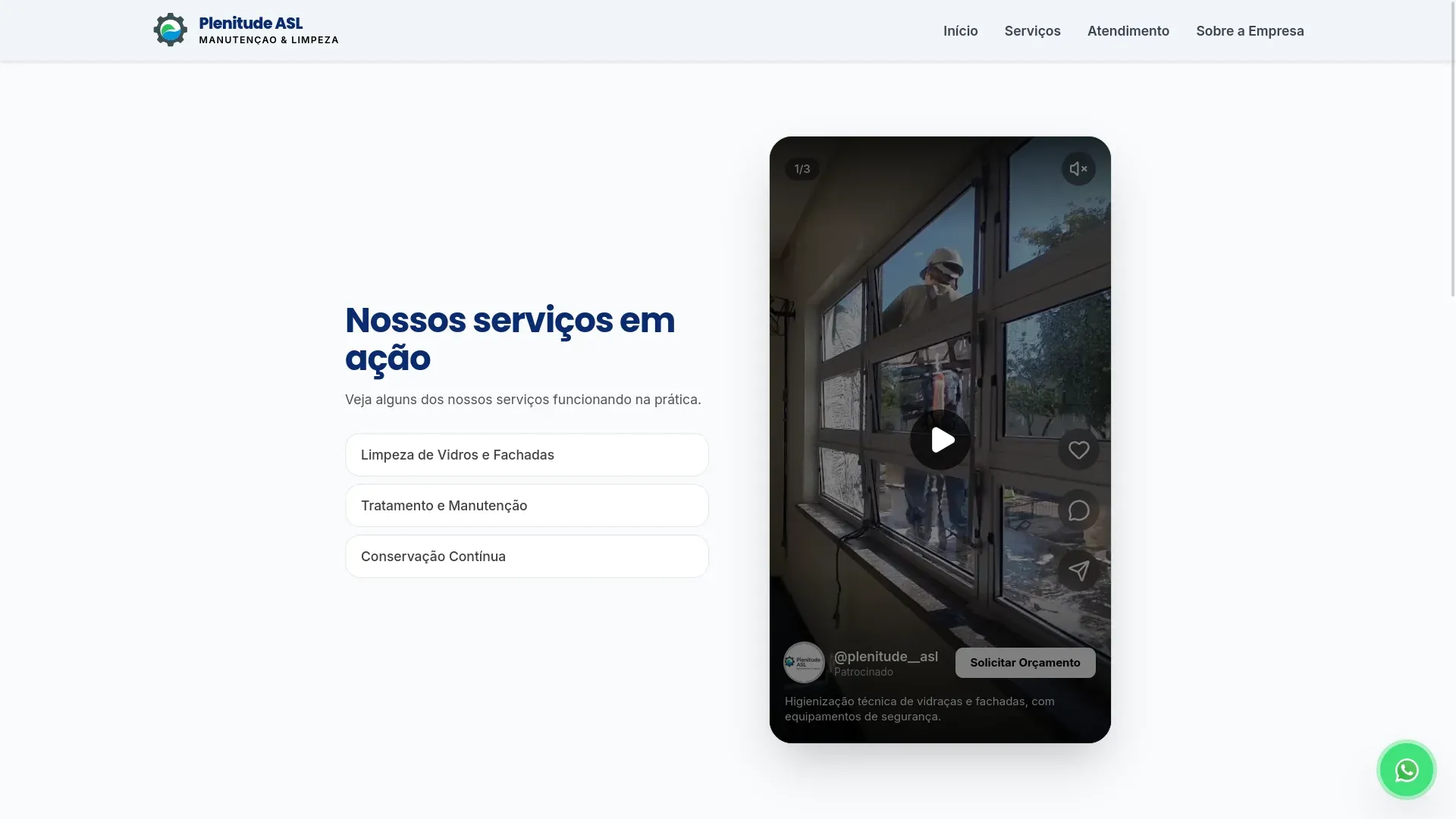 Página de serviços do site Plenitude ASL com a lista de serviços à esquerda e o componente de reels à direita.