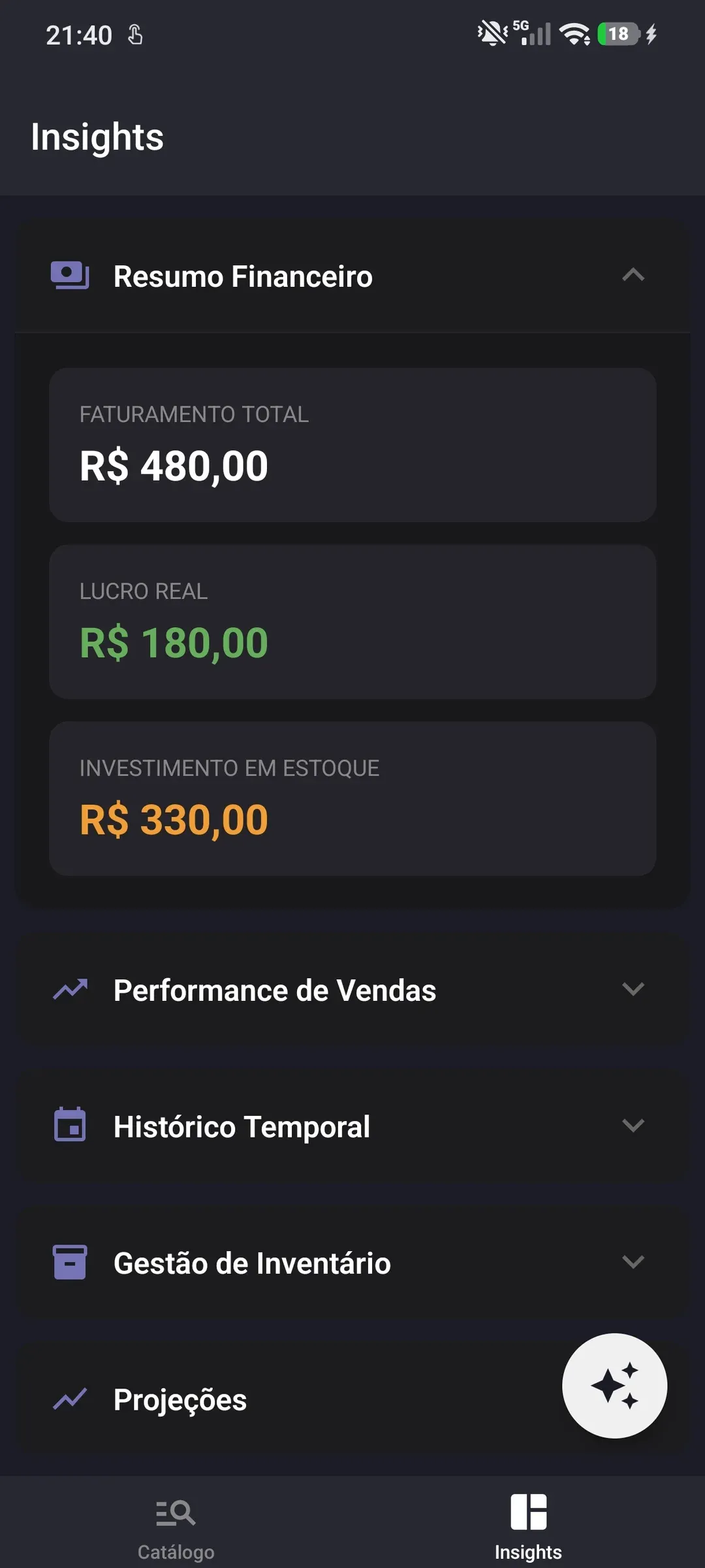 Tela de insights do StockApp com o resumo financeiro aberto, mostrando faturamento total, lucro real e investimento em estoque.