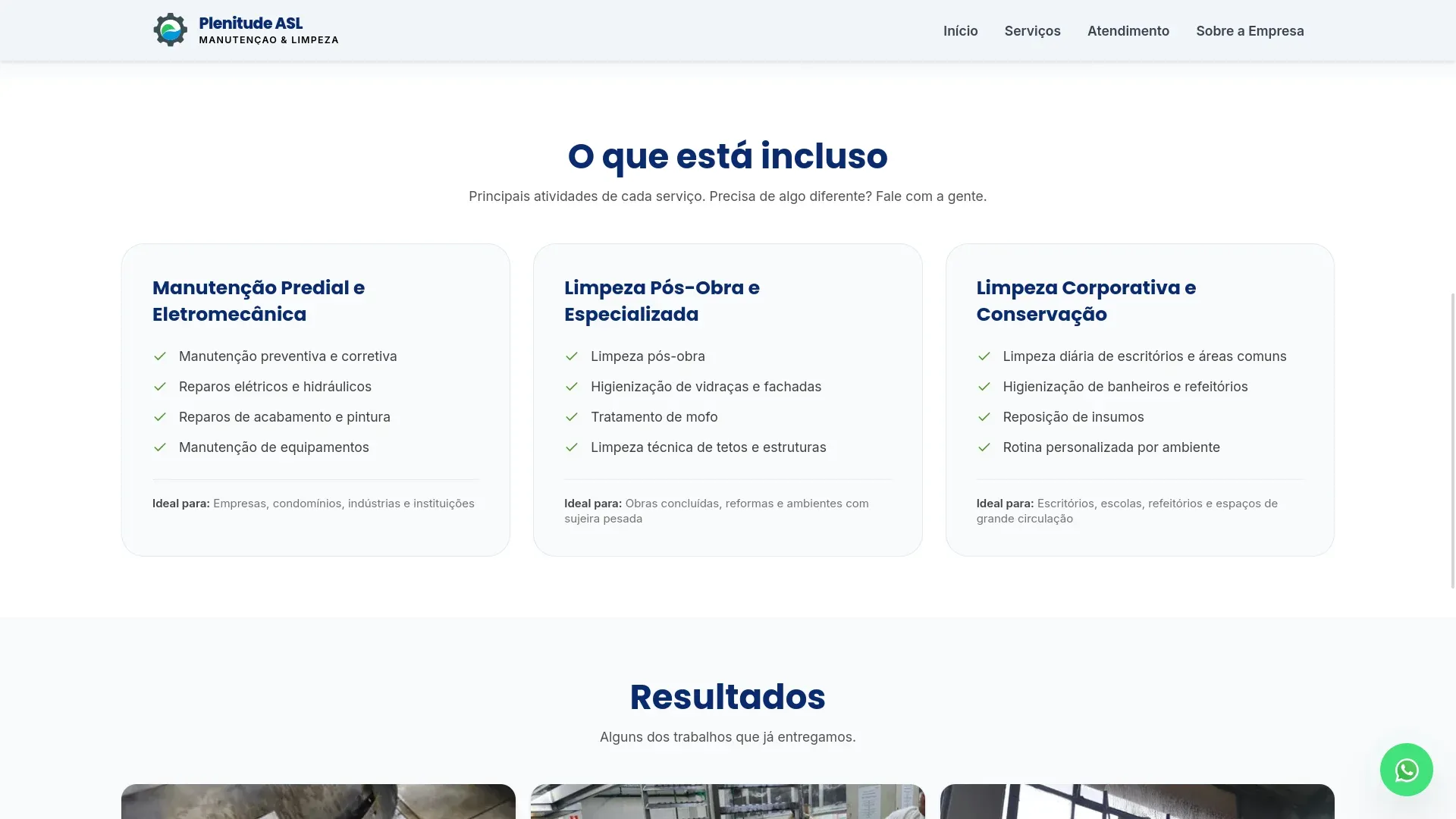 Seção “O que está incluso” do site Plenitude ASL, com três cartões de serviços e listas de atividades.